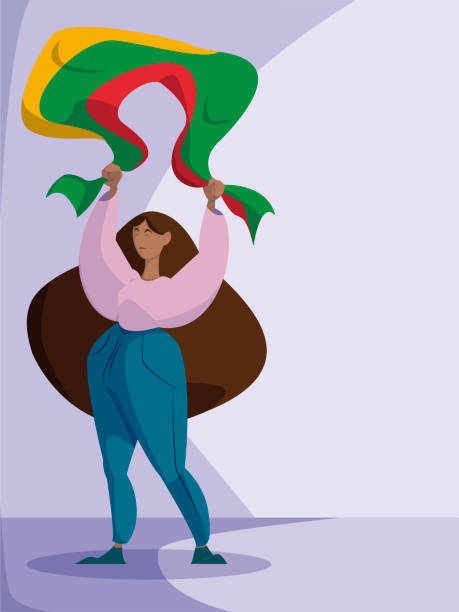 illustrazioni stock, clip art, cartoni animati e icone di tendenza di illustrazione di donna afro alza una bandiera in celebrazione del juneteenth - donna profilo braccia alzate