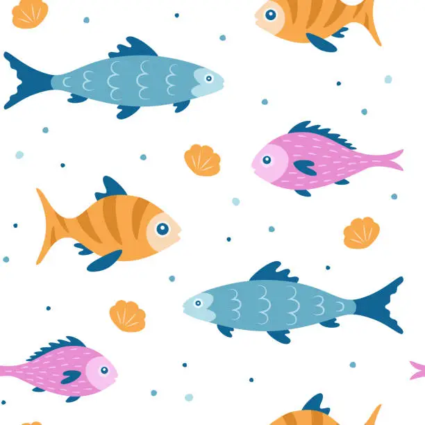 Vector illustration of Cartoon fish seamless pattern. Sea life theme background with different tropical fish. Ocean, wildlife or baby animals wallpaper.