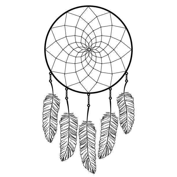 ilustraciones, imágenes clip art, dibujos animados e iconos de stock de atrapasueños dibujado a mano con plumas. talismán bohemio, estilo étnico boho, símbolo tribal mágico. ilustración vectorial aislada sobre fondo blanco. - ilustraciones de azteca logo