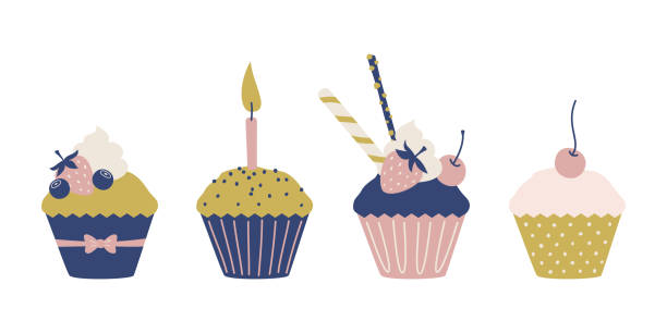 ilustrações de stock, clip art, desenhos animados e ícones de set of vector muffin illustrations. collection of multicolor stylish cupcake icons. - birthday cupcake pastry baking