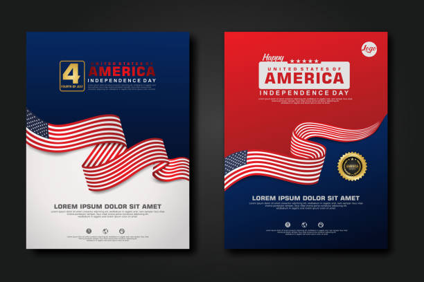 세트 포스터 디자인 미국 해피 독립 기념일 배경 템플릿 - 애국심 stock illustrations