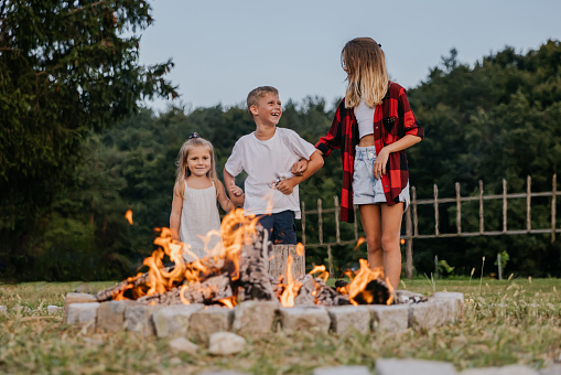Brother stands with his older and younger sisters on the meadow at a campfire, sister have raked her arms in her brother, brother is laughing while looking at his older sister, little sister is looking at the campfire with smiling facial expression, all of them wearing short summer clothes, in the evening, forest in the background, low angle, front view, horizontal