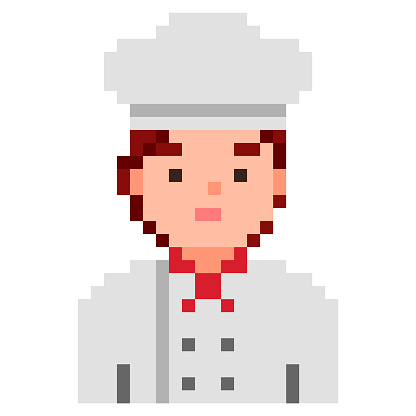 Chef isolated on white background. Female cook pixel game style illustration. Vector pixel art design. 8 bit character icon