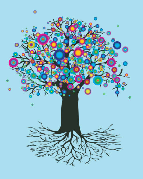 Tree of life rainbow flowers A vector illustration of a tree of life with abstract round rainbow colored flowers. Also yggdrasil. The trunk is dark green and the background color is soft blue tree of life stock illustrations