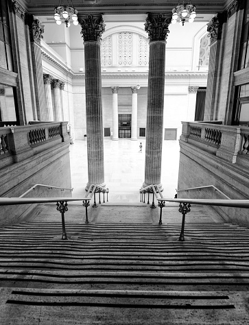 Washington DC, USA - October 12, 2018: US Congress entrance steps stairs front on Capital capitol hill, columns, pillars, police officer secret service guard