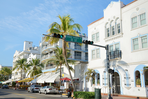 Cityscape view of the the popular and luxurious Worth Avenue shopping district in Palm Beach.