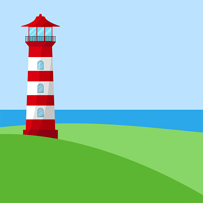 Square banner with seascape. Lighthouse on seashore with mountains on background and seagulls in the sky. Flat vector illustration. Coastline landscape with beacon.