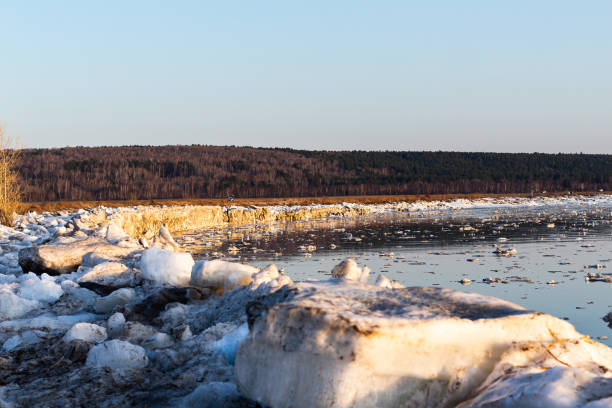 istock Ice drift of the Tom River early spring at sunset, clear blue sky, selective focus 1405831242