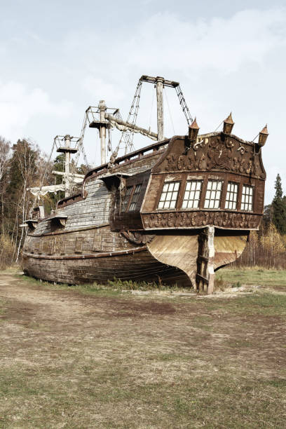 Ancient sailing ship on the edge of the forest. Landscape, decoration