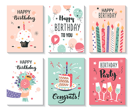 Happy birthday greeting card and party invitation templates. Hand drawn vector illustration.