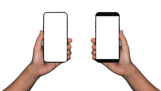 istock Businessman hand holding black smartphone isolated on white background, white clipping path inside 1405836048