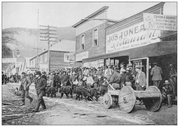 ilustrações, clipart, desenhos animados e ícones de foto antiga: klondike gold rush, carrinho de cachorro, dawson - klondike river