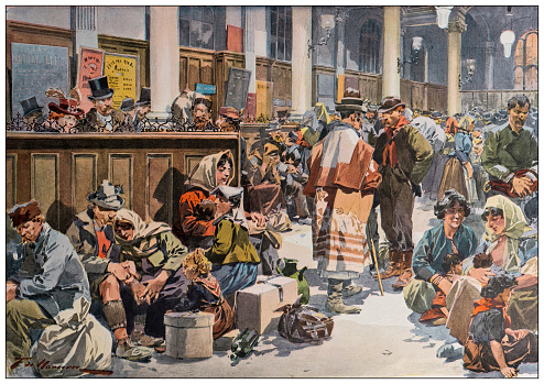 Antique illustration: Migrants in Saint Lazare station, Paris