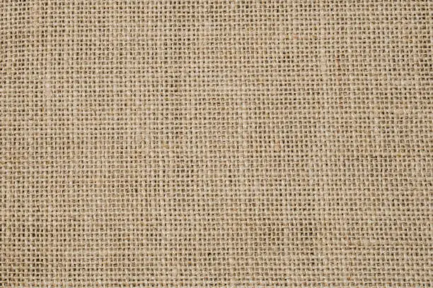 Hessian sackcloth burlap woven texture background, Cotton woven fabric close up with flecks of varying colors of beige and brown, with copy space for text decoration.