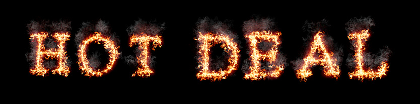 Text hot deal burning with fire and smoke, digital art isolated on a black background