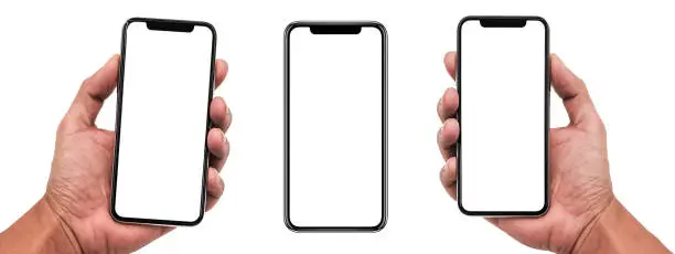 Photo of Smartphone similar to iphone 13 with blank white screen for Infographic Global Business Marketing Plan, mockup model similar to iPhone isolated Background of ai digital investment economy - Clipping Path