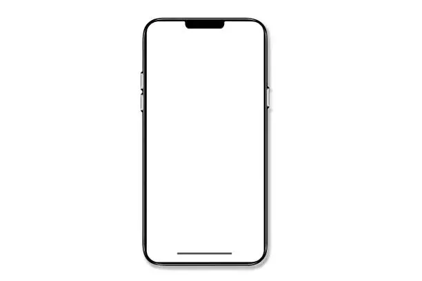 Photo of Smartphone similar to iphone 13 with blank white screen for Infographic Global Business Marketing Plan, mockup model similar to iPhone isolated Background of ai digital investment economy - Clipping Path stock photo