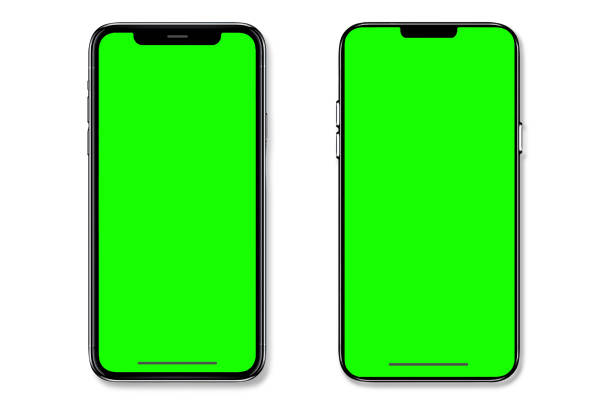 smartphone isolato su sfondo bianco. green screens and phones ha una foto stock di percorsi di ritaglio - color image horizontal isolated nobody foto e immagini stock