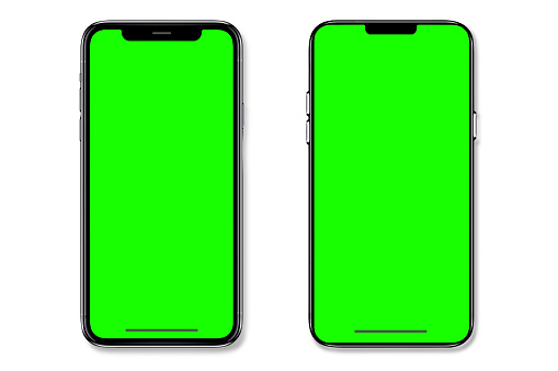 Smartphone isolated on white background. Green Screens and phones has a clipping paths stock photo