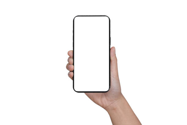 istock Hand holding Smartphone iPhone  and isolated on white background for your mobile phone app or web site design, logo Global Business technology - include clipping path. (Businessman hand iPhone 14) 1405839354