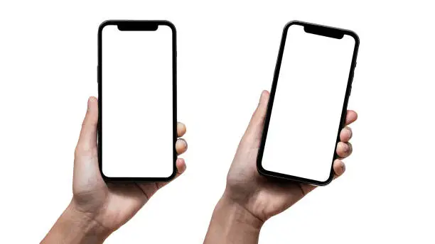 Smartphone similar to iphone 14 with blank white screen for Infographic Global Business Marketing Plan, mockup model similar to iPhone isolated Background of digital investment economy - Clipping Path.
