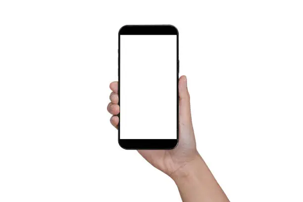 Hand holding Smartphone iPhone 14  and isolated on white background for your mobile phone app or web site design, logo Global Business technology - include clipping path. (Businessman hand iPhone)