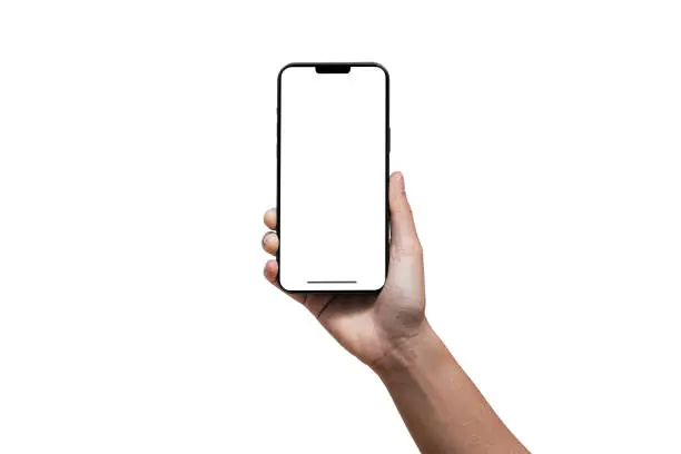 Photo of Hand holding Smartphone iPhone  and isolated on white background for your mobile phone app or web site design, logo Global Business technology - include clipping path. (Businessman hand iPhone)
