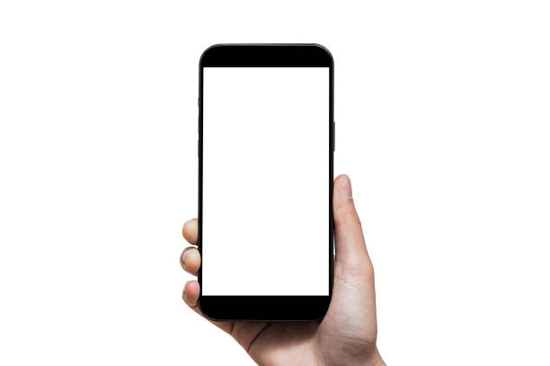 istock Hand holding Smartphone iPhone  and isolated on white background for your mobile phone app or web site design, logo Global Business technology - include clipping path. (Businessman hand iPhone) 1405839982