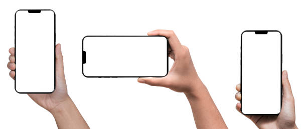 istock Hand holding Smartphone iPhone14  and isolated on white background for your mobile phone app or web site design, logo Global Business technology - include clipping path. (Businessman hand iPhone 14) 1405840096