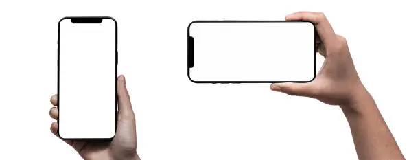 Smartphone similar to iphone 14 pro max with blank white screen for Infographic Global Business Marketing Plan, mockup model similar to iPhone isolated Background of digital investment economy - Clipping Path