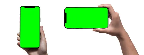 Smartphone similar to iphone 13 pro max with blank white green screen for Infographic Global Business Marketing Plan , mockup model similar to iPhone 13 isolated Background of ai digital investment economy.
