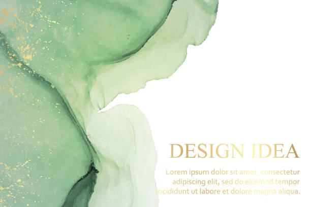 istock Watercolor background with abstract green ink waves and golden splashes. 1405841887
