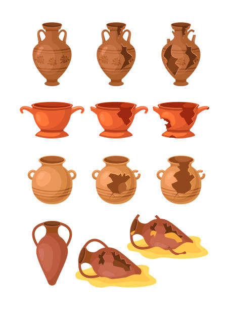 오래된 깨진 화병 벡터 일러스트 레이 션 세트 - jug pitcher pottery old stock illustrations