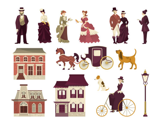 Elements of Victorian city vector illustrations set Elements of Victorian city vector illustrations set. Cartoon men and women in classic Victorian style costumes, buildings and transport isolated on background. History, architecture, fashion concept victorian house stock illustrations