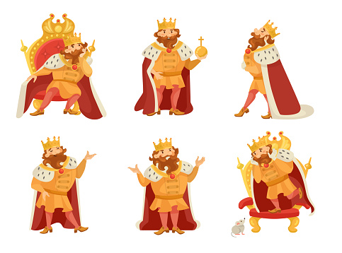 Medieval king cartoon character flat vector illustrations set. Funny, happy, angry fat man in royal costume standing, sitting on chair on white background. Royalty, nobility, fantasy, history concept