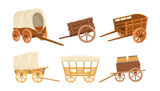 Vintage wooden farming vehicles vector illustrations set. 
Old western carriages, wheelbarrows, carts or wagons from wood with big wheels isolated on white background. Farming, transportation concept