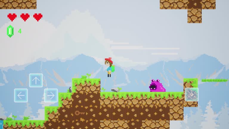 Looped Video Game Mock Up Concept for Playback: Gameplay of Retro 2D Console Arcade with Player Moving Around Pixelated Digital World, Fighting Monsters and Collecting Items. Day Time Theme.