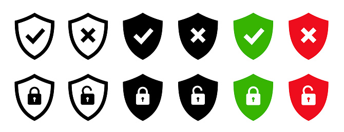Protect shield icon. Security shield icons set. Shield with check mark, padlock, lock, unlock symbol. Editable stroke. Isolated. Vector illustration