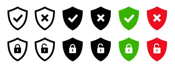 Vector illustration of Security shield icons set. Shield with check mark, padlock, lock, unlock symbol. Protect shield icon. Editable stroke. Isolated. Vector illustration