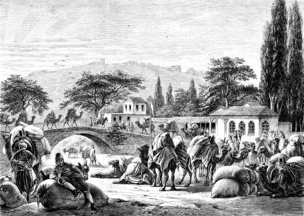 ilustrações, clipart, desenhos animados e ícones de smyrna, ponte de caravana de izmir - izmir