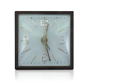 front view white and gold square alarm clock on white background, gift, old, ancient, modern, vintage, decor, copy spac