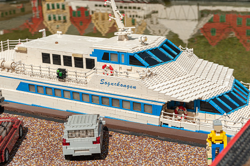 Billund, Denmark - June 25 2011: Lego model of a Sognekongen passenger ferry at Legoland Billund.