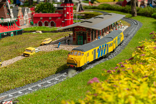Billund, Denmark - June 26 2011: Lego model of a yellow train at Legoland Billund.