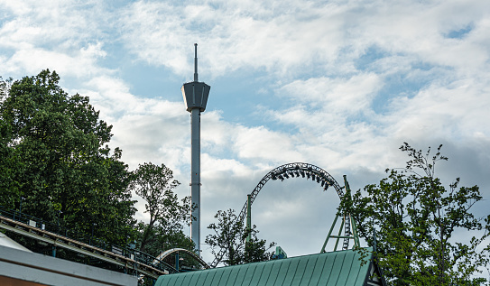 Gothenburg, Sweden - June 30 2021: Helix and the Atmosfear tower at Liseberg amusement park.