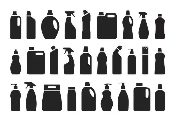 Vector illustration of Collection of cleaning and washing products. Isolated on white background. Black and white.