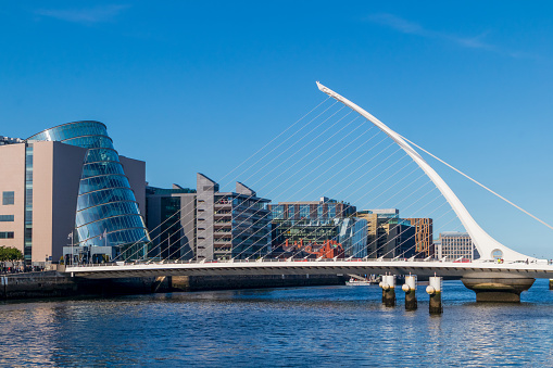 Dublin, Ireland - June 1, 2022: Samuel Beckett Bridge across the River Liffey in Dublin, Ireland