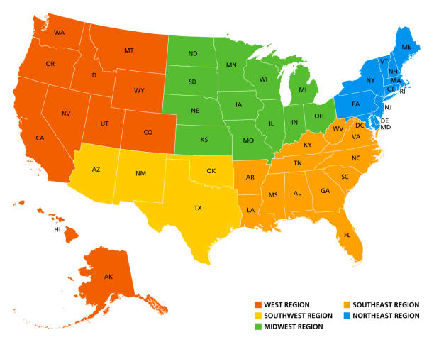 Geographic regions of the United States of America, political map Geographic regions of the United States, political map. Five regions, according to their geographic position on the continent. Common but unofficial way of referring to regions of the United States. map stock illustrations