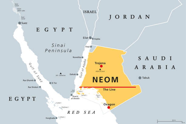 neom, megacity-projekt in saudi-arabien, graue politische landkarte - gulf of suez stock-grafiken, -clipart, -cartoons und -symbole