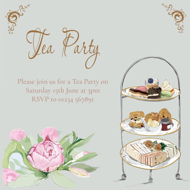 Tea party invitation Tea party invitation, vector illustration tea set stock illustrations