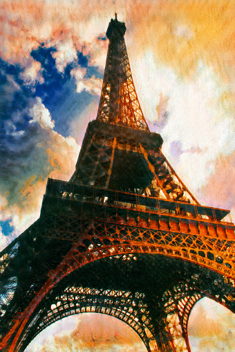 Looking up at the Eiffel Tower on a sunny day in Paris, France.  A filter was added to give the tower a red color with yellow and pink clouds.